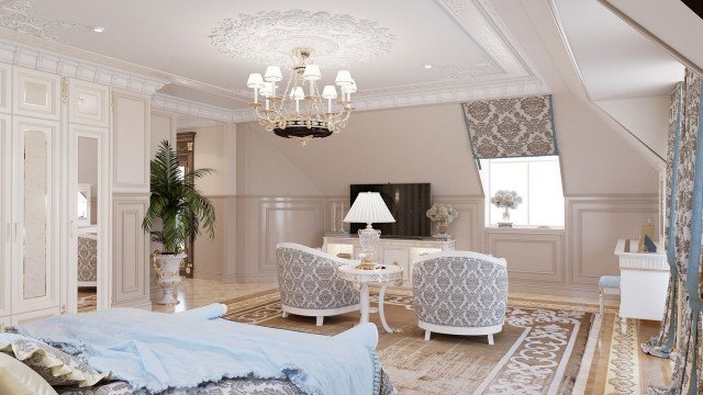 This picture is of a modern, luxurious bedroom designed by Antonovich Design. The room has a black and white decor with touches of gold, elegant design elements such as a crystal chandelier, and large, plush furniture pieces. The large bed is draped with a white canopy, and the walls are decorated with modern art pieces.