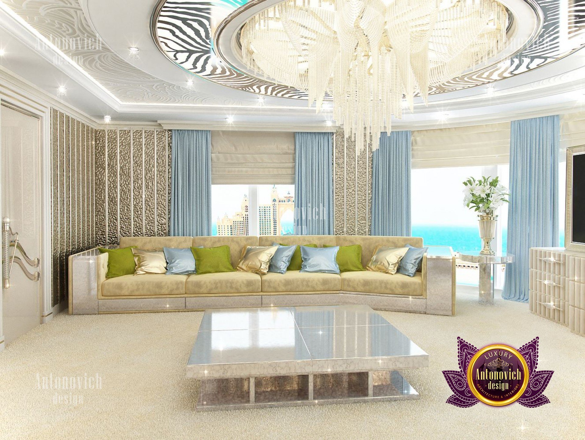 This picture shows a modern, opulent interior design in a spacious living room. The room features luxe elements like a white marble floor with an intricate pattern, cream colored walls, a plush sofa in white and gold upholstery, ornate artwork, a crystal chandelier, and black curtains framing the window.