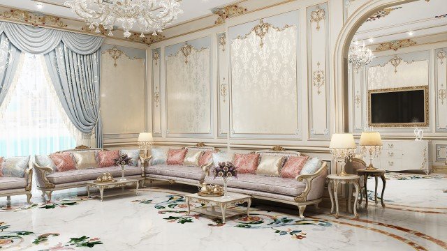 Bright and modern interior featuring marble flooring, curved white ceiling, oversized oval windows, velvet sofa, crystal chandeliers, and gold accents.