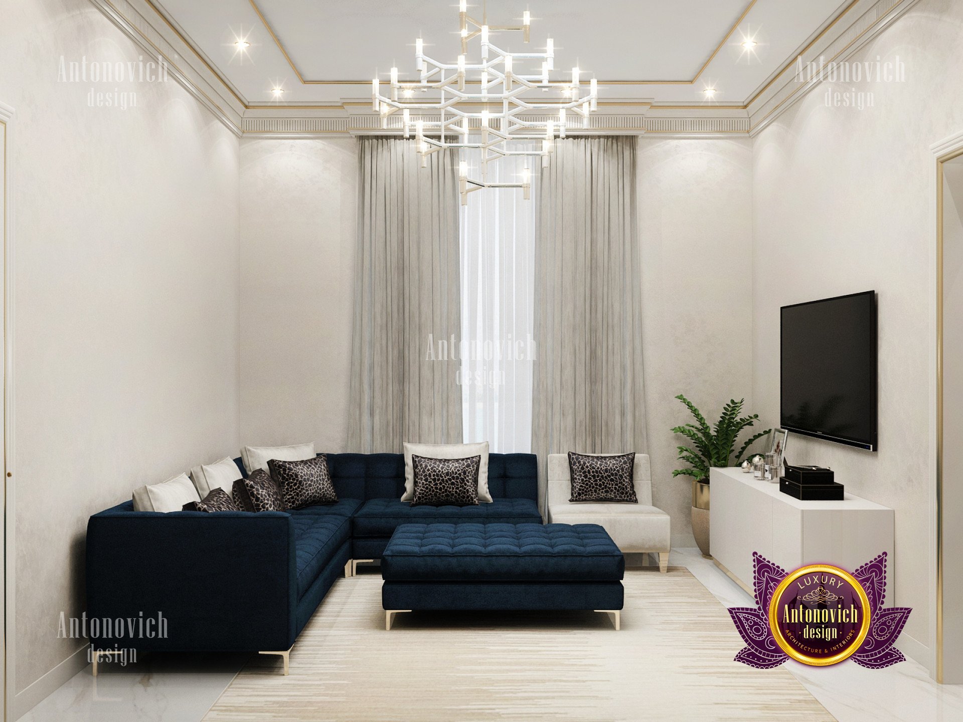 This image is a rendered interior design from luxury interior design company Antonovich Design. It shows an elegant living room with high ceilings, detailed wall molding, plush furniture, and grand chandeliers. There is also an ornate mirror on one wall and two large windows that offer a picturesque view of the outside scenery.