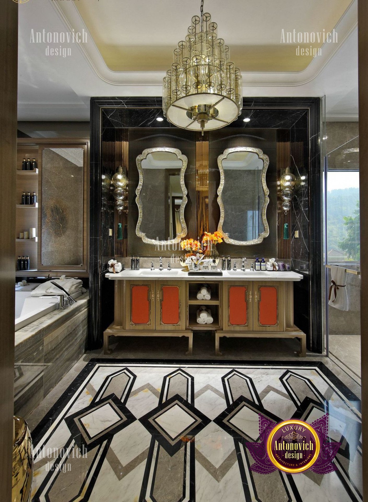 A luxurious dining room featuring a custom-made, royal blue velvet couch with an ornate, gold-plated table and chairs.