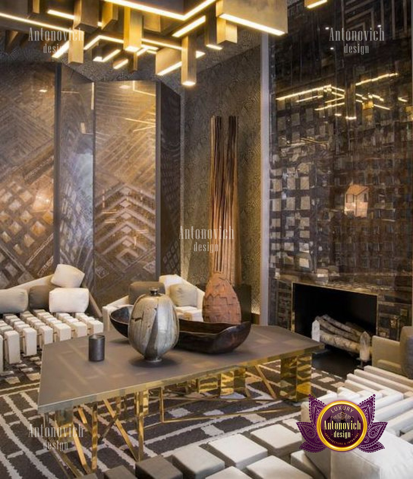 Luxurious living room with gold details and rich maroon tones create an elegant and cozy atmosphere.