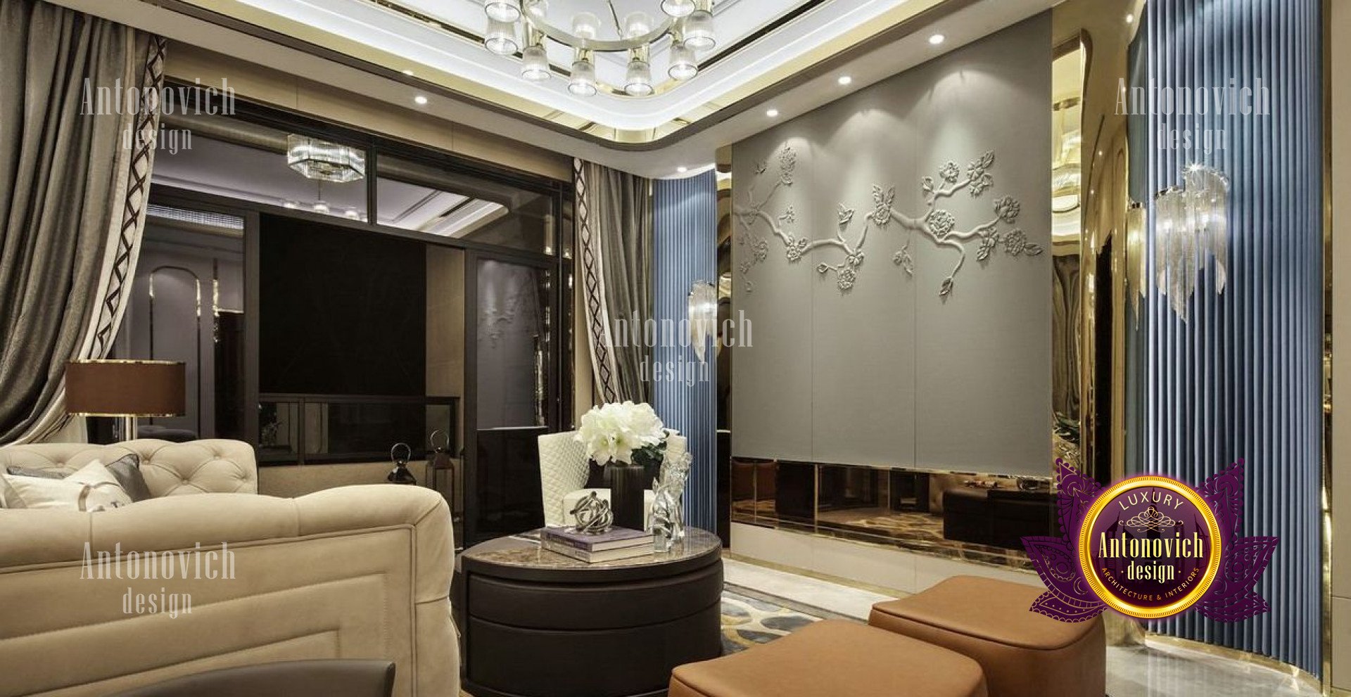 This is a picture of an ornately-decorated kitchen interior. The space has a classic and luxurious feel, with the dark wooden cabinets, marble countertop, and decorative accents. The unique backsplash tile pattern creates an eye-catching focal point on the wall, while the island provides ample storage and prep space. Gold and silver light fixtures hang from the ceiling, adding a touch of glamour to the design.