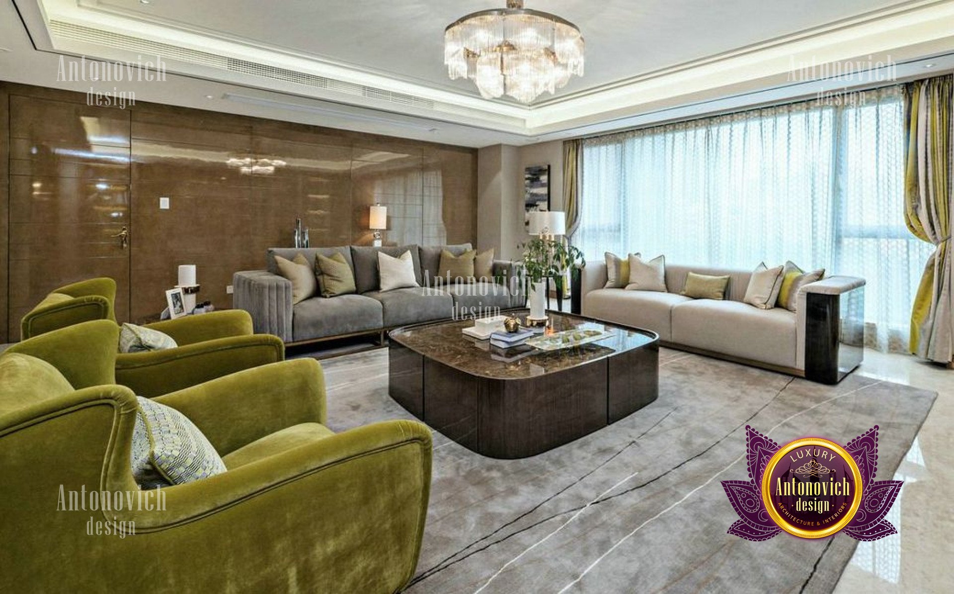 This picture depicts an elegant and luxurious living room with a spectacular view of the city. The room features several pieces of modern furniture that are upholstered in a neutral color scheme, including a white sofa and armchairs, a light brown loveseat and a creamy marble coffee table. There is an impressive wall mirror adorned with a gold frame, as well as a charming rug covering the hardwood floor. The large, open windows provide plenty of natural sunlight and breathtaking views of the city skyline.