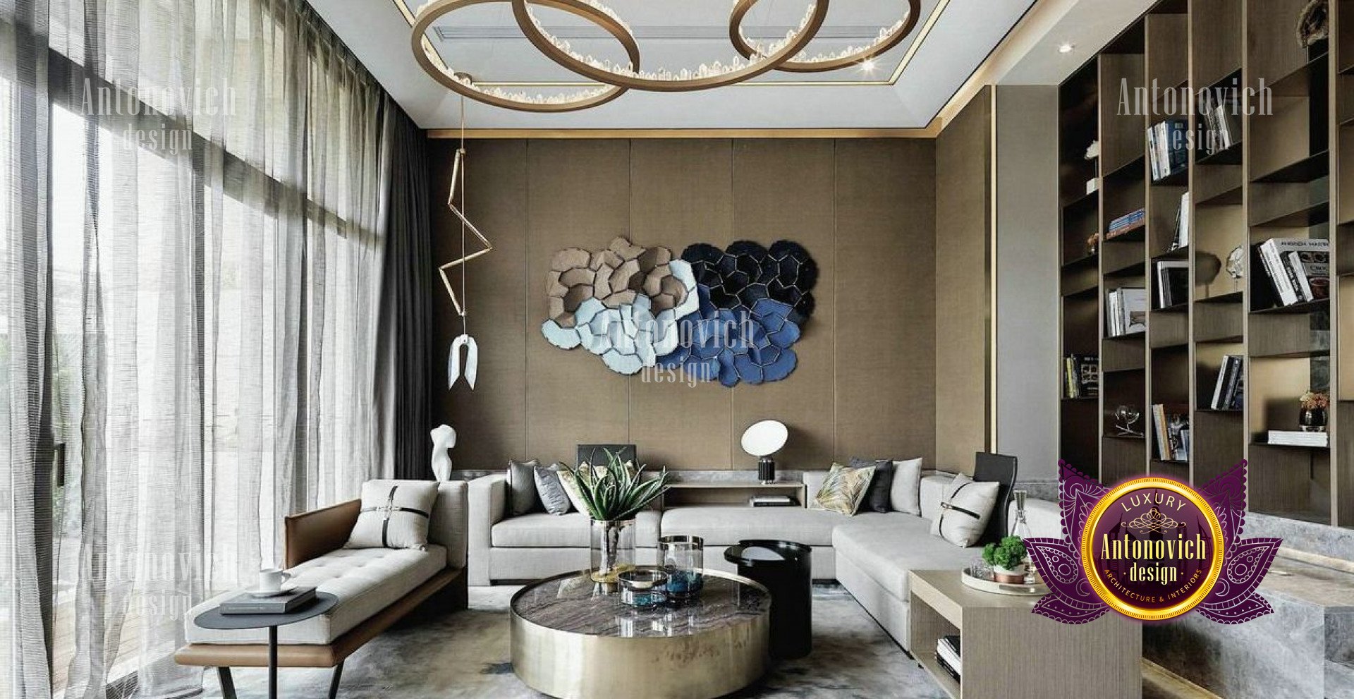 Modern apartment interior with furniture pieces, including tufted sofa and armchair in beige upholstery, glass coffee table, neutral rug and wall art.