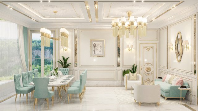 A luxurious interior design with a circular cream-colored sofa in the center, surrounded by armchairs and floor lamps of classic style. The walls are adorned with classic floral motifs and velvet drapes accentuate the windows.