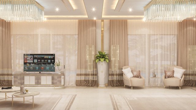 Modern interior featuring white walls, marble flooring, a chandelier, and light-colored furniture.