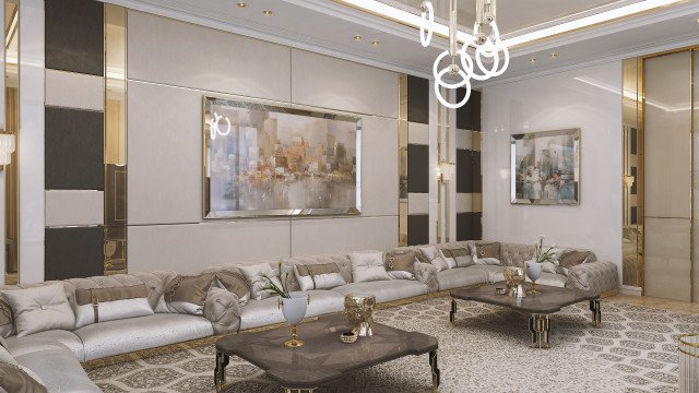 This picture shows a luxurious and elegant living room with beautiful white upholstered furniture and marble floors. There is an ornate chandelier hanging from the ceiling, and the walls are decorated with unique wallpaper patterned with subtle gray, white, and gold accents. The room also includes several eye-catching accent pieces such as a marble table, vases, and statues.