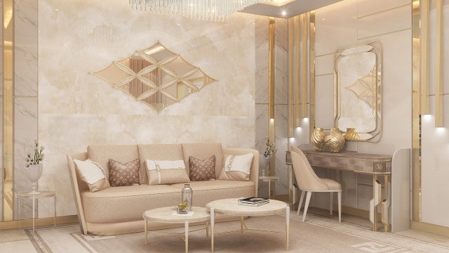 Modern luxury design. Golden and marble elements creates impressive environment for sophisticated lifestyle.
