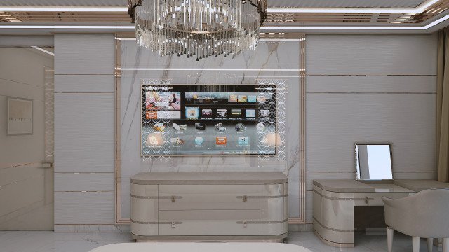 An elegant modern luxury living room with marble accent wall, velvet terracotta sofa and chandelier floor lamp.