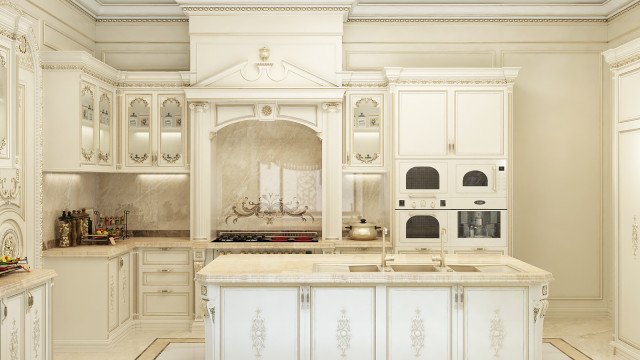 A luxurious bathroom featuring white marble, bronze fixtures, and built-in cabinetry.