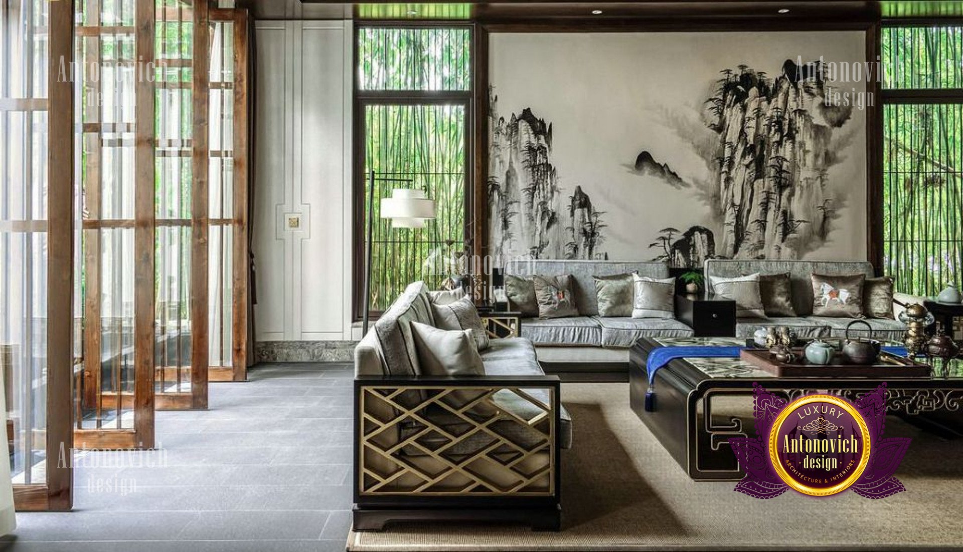 A luxury living room featuring an ornate ceiling, wall-mounted light fixtures, upholstered chairs, and a white checkered rug.