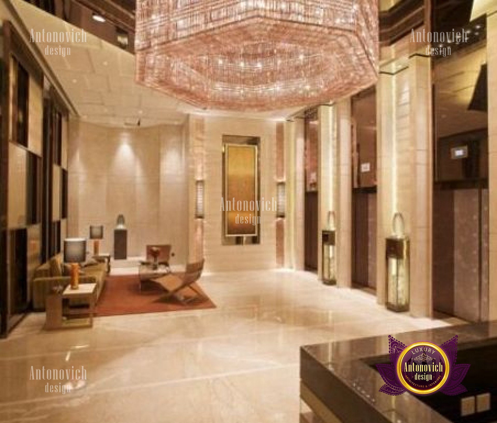 This picture shows an elegantly designed bathroom, featuring a large shower with glass walls, a free-standing marble bathtub, and a double vanity. The room is decorated with a luxurious rug, a chandelier, and two beautiful wall sconces. The walls feature natural stone tiles, and the floor is laid in marble.