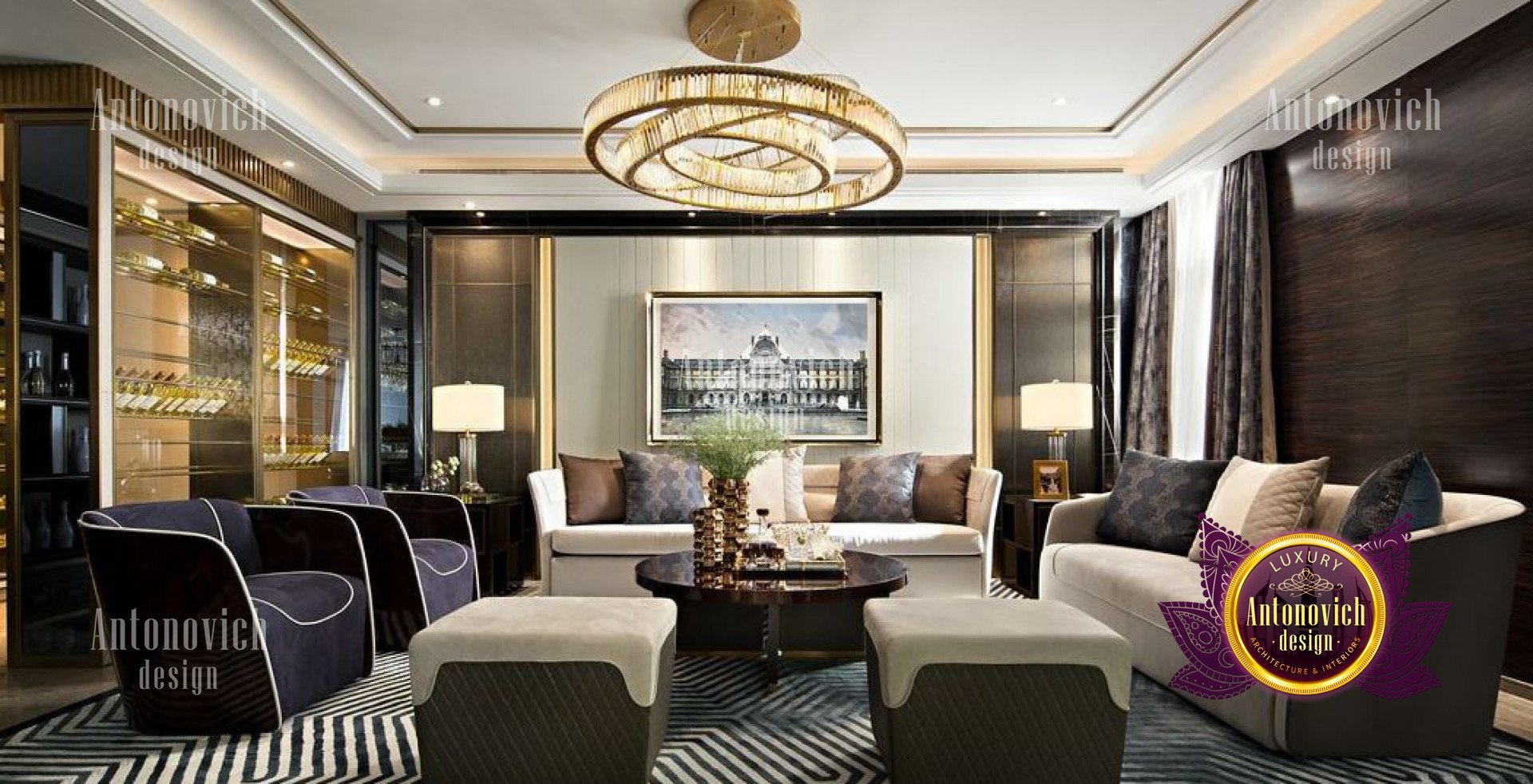 This picture shows a modern luxury style bedroom, with a unique and elegant interior design. The walls are painted in a light blue color, creating a calming atmosphere. On the left side of the room is a large bed with white bedding and decorative pillows. A wooden floor gives the space a warm and inviting feel. An ornately designed round night stand stands at the foot of the bed, and a comfortable armchair and ottoman sit by the window on the right side of the room. The area is illuminated by recessed lighting and a standing lamp near the bed. A beautiful