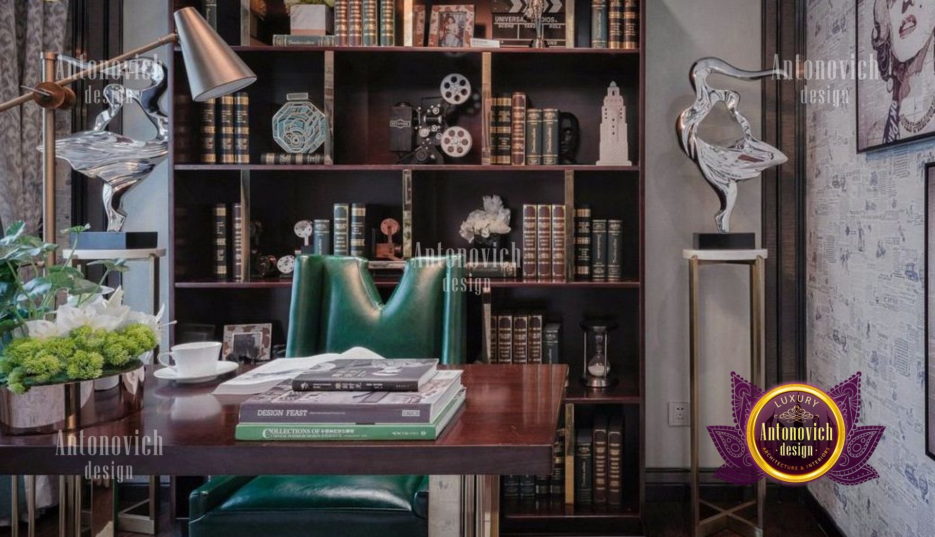 This picture shows a modern living room designed by Antonovich Design. The room is decorated with sleek white furniture, dark wood floors and large picture windows overlooking a balcony area. There is an oversized sofa with a matching armchair, a light gray rug, and various accent pieces such as artwork, a bookshelf, and decorative accessories. The neutral color palette is accented with hints of blue and green for a clean and contemporary look.