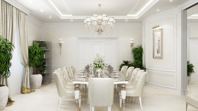 This picture depicts an interior design concept for a modern dining room. The room features a luxurious grey marble flooring with a round dining table in the center surrounded by six white chairs. The walls are adorned with modern black and white geometric wallpaper, along with a large framed silver mirror and two sconces for extra light. The table setting has white plates complimented by black cutlery and glasses.