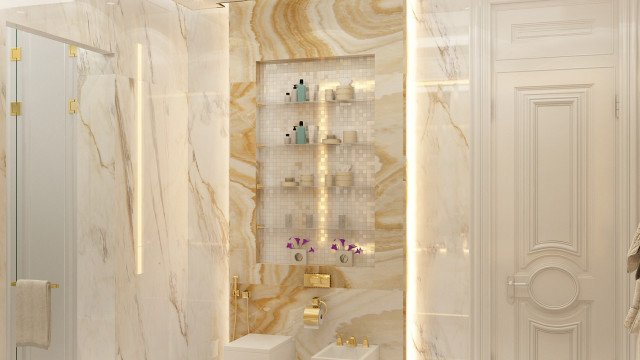 This picture shows a modern, luxurious bathroom designed by Antonovich Design. The room features two beige-colored walls with a large white countertop and sink, as well as a white marble floor. On the left side of the room, there is a walk-in shower with glass walls and a rainfall shower head. On the right side of the room, there is a free-standing bathtub with two lion sculptures on each side, as well as a wall-mounted television. The colors used in this room are mostly soft neutrals which help create a calming, relaxing atmosphere.