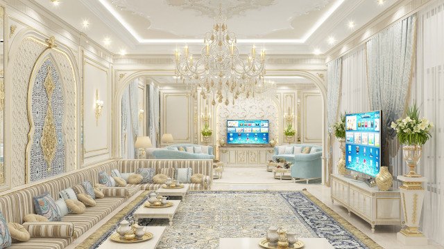 Modern interior design with a blend of classic decorative elements, luxurious furniture and exquisite chandelier.