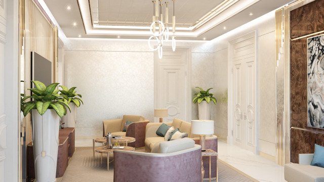 This picture shows a grand, luxurious interior design featuring a grand staircase with a crystal chandelier and marble steps. The walls are decorated with intricate gold detailing and the floor is covered with a plush beige rug. There is a dining table surrounded by comfortable chairs, as well as a cozy sitting area. The overall effect is one of opulence and luxury.