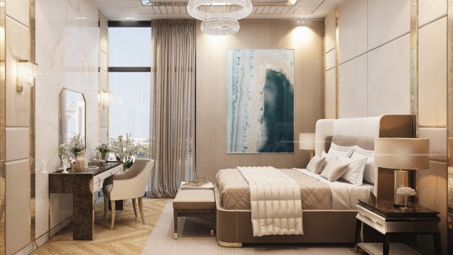 Contemporary bedroom design with elegant furniture, natural stone elements, and luxury fabrics. Perfect for relaxation and comfort.