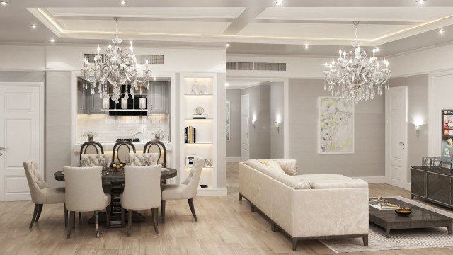 This picture shows an interior design that combines classic and modern elements. There is a classic white marble floor with intricate details and a luxurious crystal chandelier hanging from the ceiling. The walls are painted in a neutral color and have several wall sconces for additional lighting. The seating area features luxurious velvet sofas and elegant armchairs with gold accents. The overall look is one of luxury and sophistication.