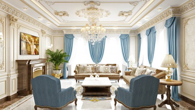 This picture is of an ornate, luxurious living room designed by Antonovich Design. The room has golden walls and a colorful ceiling with detailed trim and designs. The furniture is a mix of modern and traditional pieces in a variety of colors, including a velvet sofa and armchair, a grand marble-topped coffee table, and two gilded wingback chairs. There are elaborate curtains and rugs, as well as numerous decorative accessories that add to the luxurious feel of the room.