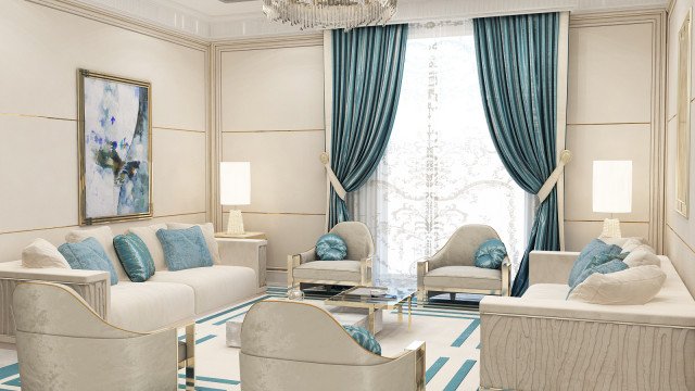 Luxurious living room with white walls and velvet furniture featuring a chandelier and glass end tables.