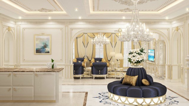 This picture shows a luxurious living room interior design with a central focus on a sophisticated gray-toned sofa facing two marble-topped tables and four chairs with curved arms. The walls are lined with wall panels and a ceiling with intricate black and white patterning. Additionally, a matching patterned area rug anchors the space while an elegant chandelier in an orb shape hangs from the ceiling.