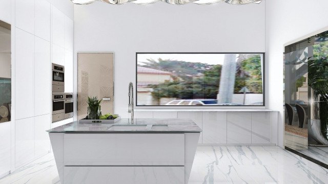 This picture shows an interior design of a living room. The room features a mix of modern and traditional elements, with a large open floor plan, marble floors and walls, and intricate wallpaper designs. In the foreground is a circular grey sofa with a white end table and a low coffee table in between. Behind it is a white grand piano and a wall-mounted television. The walls have various art pieces, including a large abstract painting and multiple wall sconces. Other decor items can also be seen, such as a crystal chandelier, floor lamps, and an exotic plant.