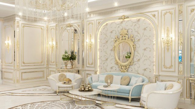 A luxurious, opulent dining room featuring a lengthy white crystal chandelier and several ornate furnishings.