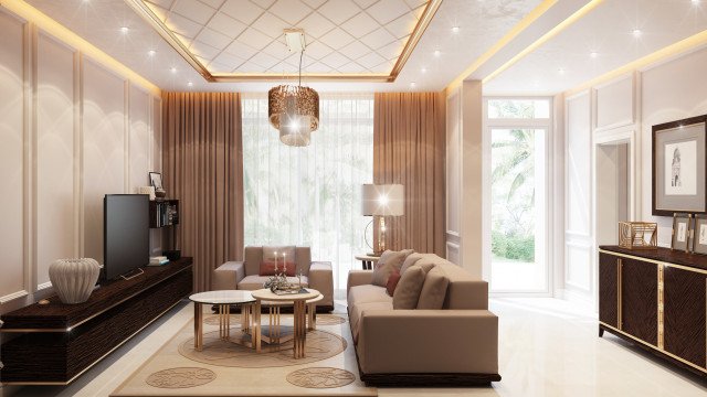 This picture depicts a luxurious staircase with curved marble steps leading up to a grand entryway. The white marble balusters are adorned with gold accents, and the golden railing curves around the steps leading up to two large doors. The walls feature intricate designs on the ceiling and the detailed crown molding adds an elegance to the room. The staircase is illuminated by several recessed lights along the walls and topped with a grand crystal chandelier.