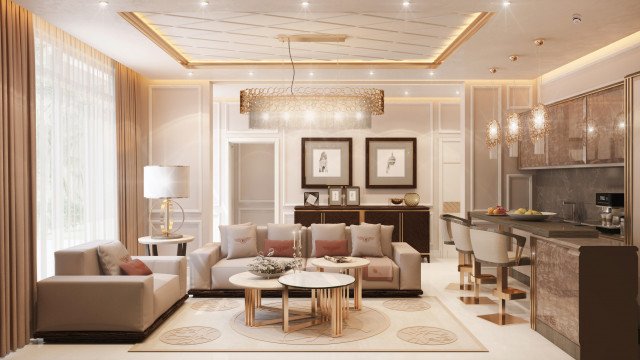 A piece of modern interior design combining geometric rug with crystal chandelier, unique light fixtures and luxurious furniture.