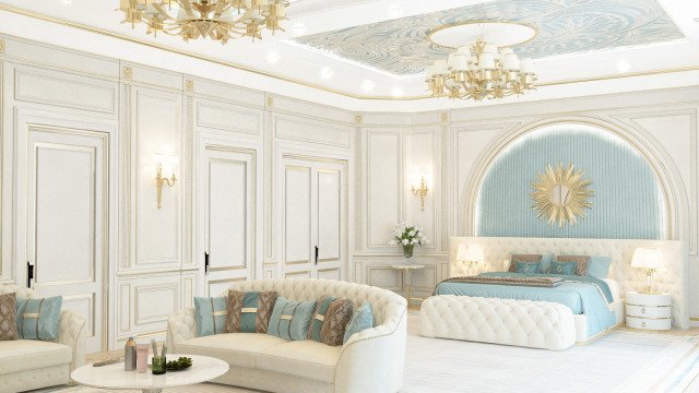 jpgThis picture is showing a beautifully decorated living room in an apartment. The room has a modern and luxurious design, with a white marble floor and golden accents. The sofa and chairs have beige and gold cushions that give it a luxurious feel. On the walls there are beautiful paintings, and one of the walls is covered with a textured wallpaper in a brown and white pattern. A chandelier hangs from the ceiling and a cutout feature holds potted plants, adding a touch of nature to the room.