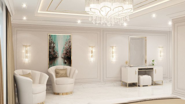 This picture shows a modern luxury bedroom designed by Antonovich Design. The bedroom features a bright white color palette with golden accents, an ornate headboard upholstered in white fabric, and a crystal chandelier that hangs above the bed. A white tufted ottoman and two white nightstands add to the elegant atmosphere of the space. On either side of the bed are tall windows that let in a lot of natural light, as well as providing a beautiful view of the outdoor scenery.