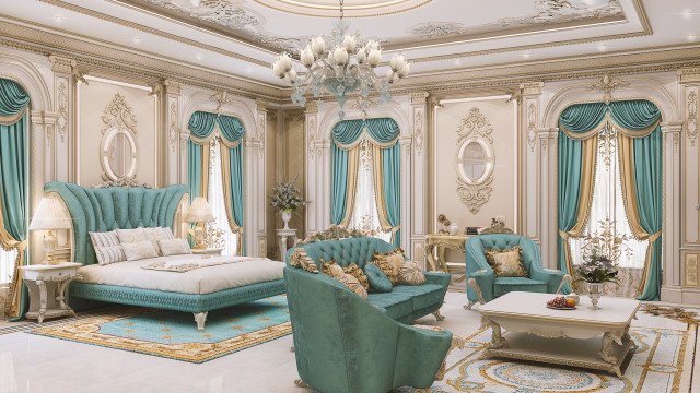 This picture shows a luxurious living room designed by Antonovich Design. The space has an elegant and contemporary design, with a comfortable sofa upholstered in rich velvet, two armchairs and a coffee table in the middle. The walls are covered in a classy marble texture, while a grand crystal chandelier hangs from the ceiling.