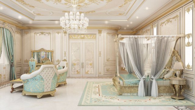 This picture shows a luxurious bedroom with an ornate wallpaper design. The room is decorated with a large, traditional headboard and footboard set and bedding, along with two nightstands and a large armchair with an ottoman. There is also a large chandelier in the center of the room.