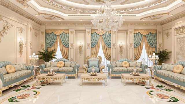 A modern interior design featuring a white marble floor, a cream-colored leather sectional couch, and an illuminated frame TV.