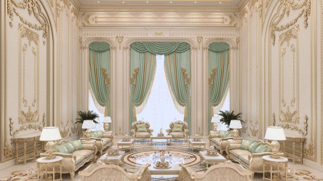 This picture shows an elegant and luxurious living room. The walls are painted in a white and gold color scheme, with ornate crown molding and large, decorative mirrors. The furnishings are all designed in a contemporary style, with plush, golden-hued upholstery and modern glass coffee tables. The floors are covered in a light beige carpet and the windows have heavy, white curtains. The room is completed by a large, crystal chandelier hanging from the ceiling.