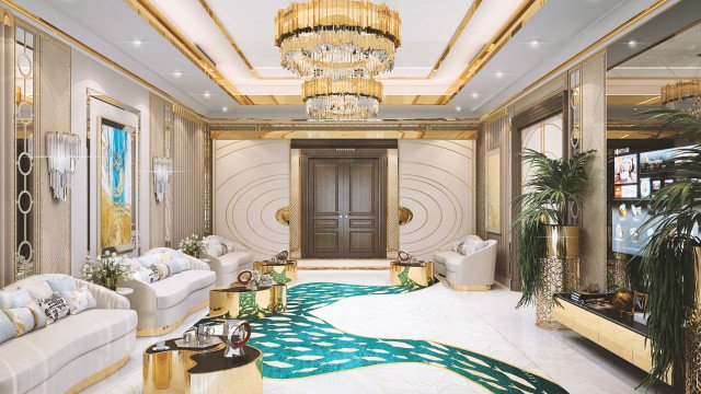 A classic interior with major elements such as white walls, an impressive marble floor, luxurious furniture and a spectacular crystal chandelier.