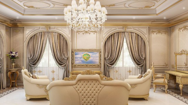 A luxurious, white marble room with golden accents along the walls, highlighted by ornately designed chandeliers and a large, elaborate mirror.