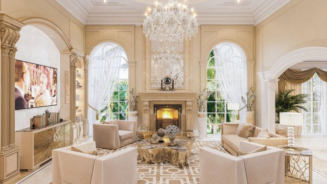 This picture is of a modern, luxurious bedroom. It features an arched ceiling with a large chandelier in the center, white walls with ornate, beige crown molding, a large bed dressed in black, white, and beige bedding and pillows, and several other black furniture pieces. The room also includes several stylish lamps, and white and gray accents throughout the space.