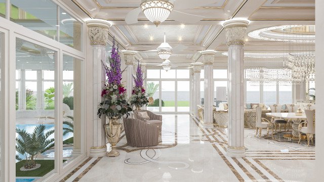 Luxurious palace interior with grand white walls, marble floors and a classic chandelier, giving true elegance and glamour to the area.