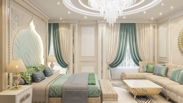 The picture shows an elegant marble staircase in the lobby of a luxurious building. The staircase is wide and made of curved white marble steps and white marble walls with gold railings. The elegant chandelier above the stairs adds to the luxurious atmosphere, and two ornate columns on either side of the staircase provide further structure and elegance.