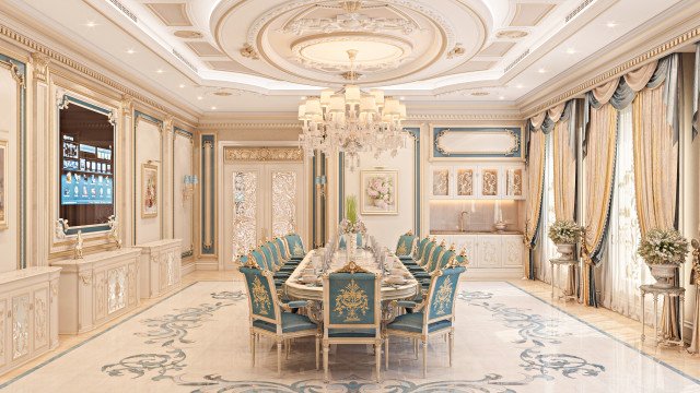 This picture shows an elegant luxury living room with a white and gold color palette. The walls are lined with gold moldings, and the space is filled with lavish furnishings, including two soft cream sofas, a glass coffee table, an ornate golden chandelier, and two ornate armchairs with tufted cushions. An ornate golden mirror hangs on one wall, while a grand piano stands in the corner of the room.