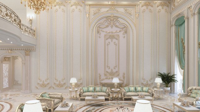 This picture is showing a luxurious, modern dining room with intricate details. The walls are decorated with a black and silver wallpaper with gold accents. The dining table is set with white chairs and a white and gold dinnerware set. The floor is marble and the lighting fixtures are a combination of modern chandeliers and wall sconces. A grand piano is placed at the end of the room, adding to the sophistication of the design.