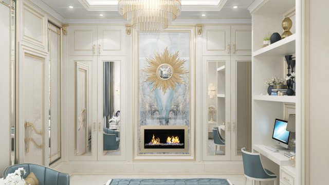 A luxury bathroom featuring marble floor, gold accents, and a large soaker tub with matching vanity.