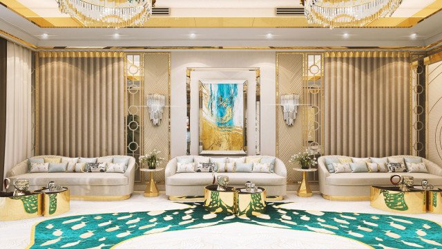 This picture shows a luxurious living room in an opulent home. The room is decorated with ornate furniture and plush fabrics in shades of gold and cream. There are two comfortable sofas in the center of the room, surrounded by two brass and glass tables with a gold urn in the middle. To the side is a grand marble fireplace and mantel, with a metal chandelier hanging above it. On the walls are two gilded mirrors with intricate designs, and several sconces.