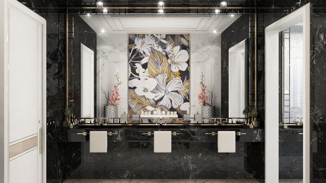 A modern luxury hotel lobby featuring an intricate patterned marble floor, a white grand piano, and large crystal chandeliers.