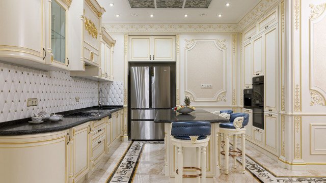 Interior of a modern, luxury home with a large bay window allowing natural light to flood the room and ornate furnishings to create an elegant atmosphere.