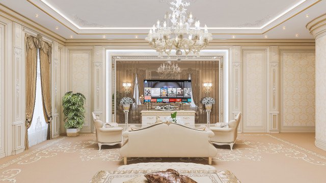 This picture is of an elaborately designed modern kitchen. It features a center island with a marble countertop, blue cabinetry, and a stainless steel range with a chimney hood. There is a glass-enclosed wine cooler built into the wall and white walls with several recessed LED lights. There are custom marble floors throughout the space, as well as modern appliances and a large sink in the corner. The overall design creates a luxurious, yet comfortable atmosphere.